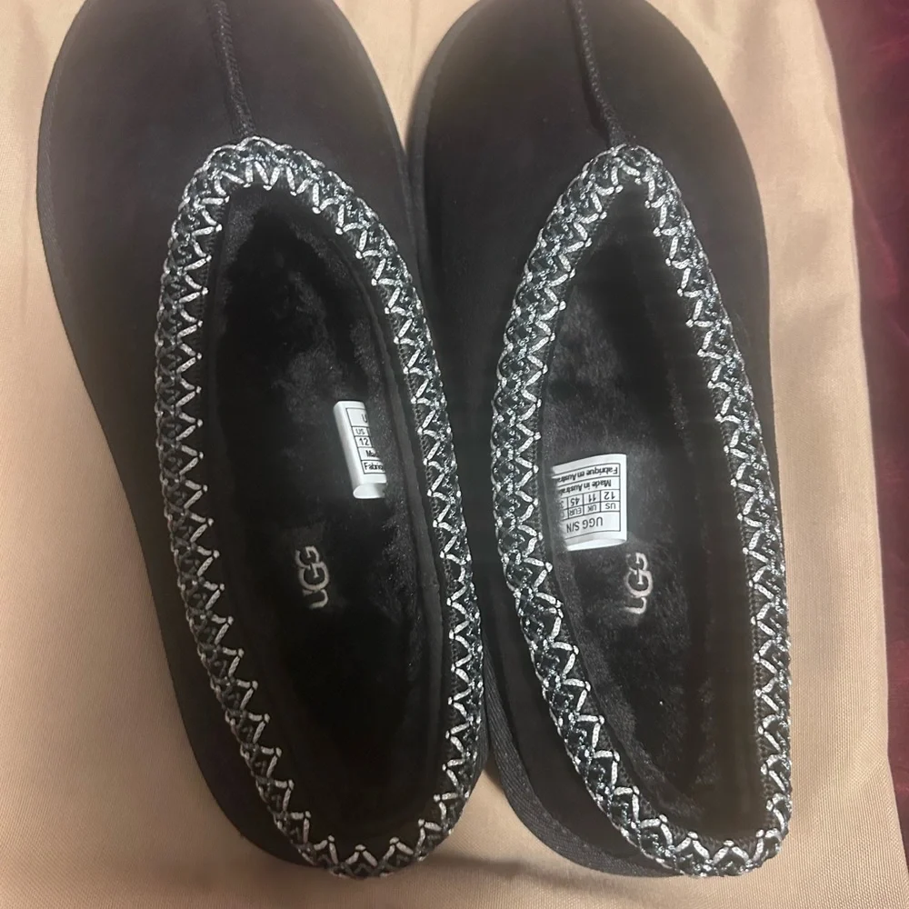 UGG Black Suede Slip-On Slippers with Contrasting Stitch Trim